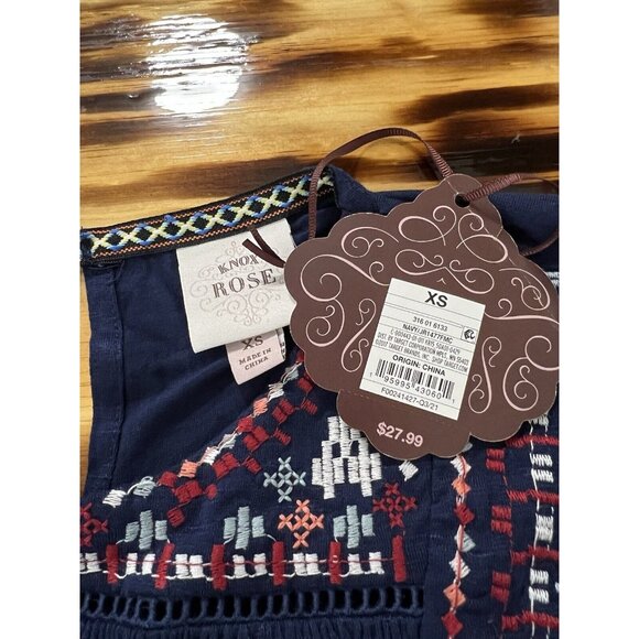Knox Rose Peasant Blouse Embroidered Short Sleeve Dark Blue Size XS Hippie NWT - Picture 10 of 13
